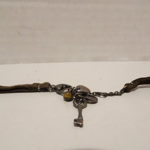 Fossil Brown Leather Necklace Hammered Metal Beads Rhinestone Charms Clasp - Picture 2 of 2